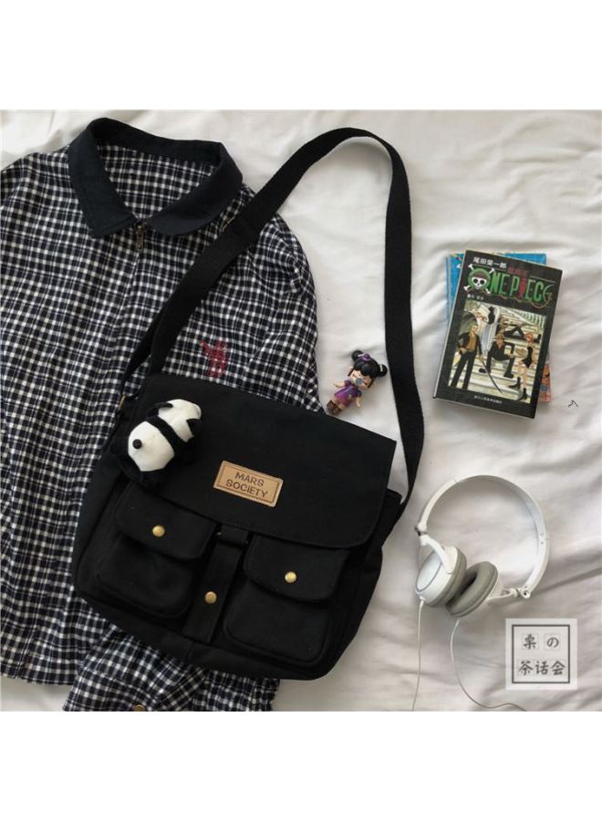 Backpack Female South Korea Ins Student Large Capacity Shoulder Messenger Bag Men's Japanese Harajuku Retro Tooling Messenger Bag Fashion-Color:Beige High Quality Canvas, Bag + Dull Dragon - Image 4